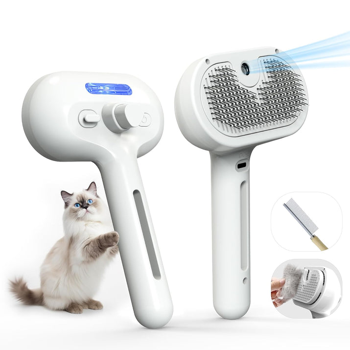 Pet Grooming Brush with Electronic Mist Spray - Gentle Deshedding Tool for Cats & Dogs, Pet Steam Brush，Reduces Shedding, Soft Bristles, Promotes Healthy Coat-Comes with a hair smoothing comb-White