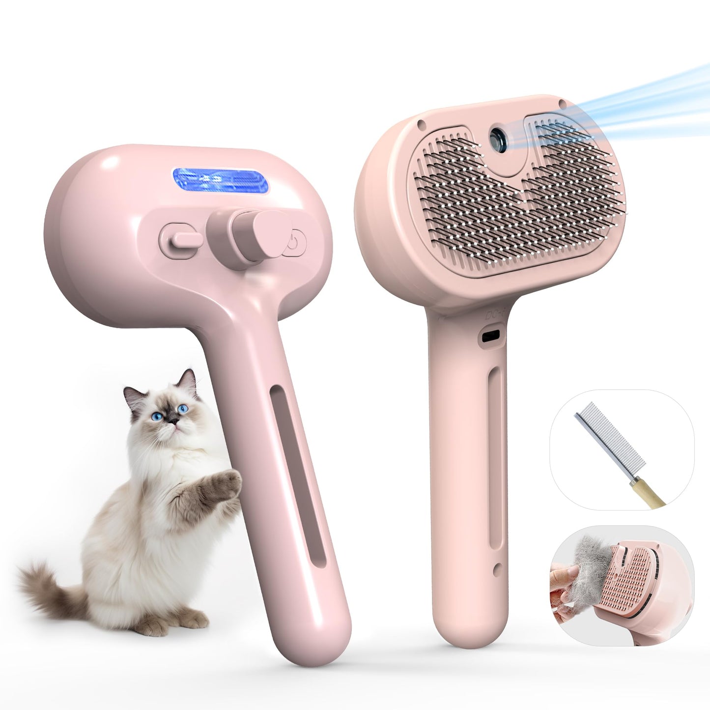 Pet Grooming Brush with Electronic Mist Spray - Gentle Deshedding Tool for Cats & Dogs, Pet Steam Brush，Reduces Shedding, Soft Bristles, Promotes Healthy Coat-Comes with a hair smoothing comb-White