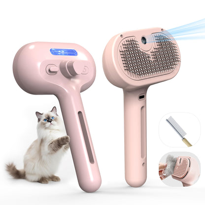 Pet Grooming Brush with Electronic Mist Spray - Gentle Deshedding Tool for Cats & Dogs, Pet Steam Brush，Reduces Shedding, Soft Bristles, Promotes Healthy Coat-Comes with a hair smoothing comb-White