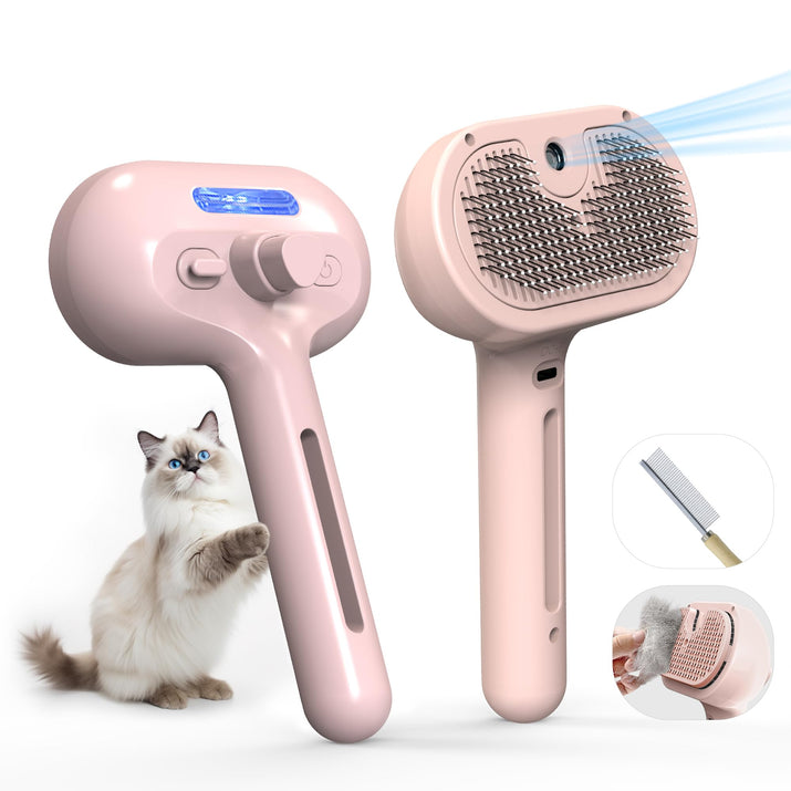 Pet Grooming Brush with Electronic Mist Spray - Gentle Deshedding Tool for Cats & Dogs, Pet Steam Brush，Reduces Shedding, Soft Bristles, Promotes Healthy Coat-Comes with a hair smoothing comb-White
