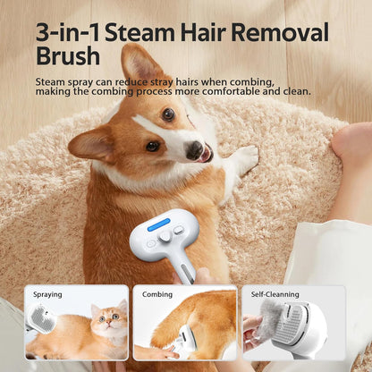 Pet Grooming Brush with Electronic Mist Spray - Gentle Deshedding Tool for Cats & Dogs, Pet Steam Brush，Reduces Shedding, Soft Bristles, Promotes Healthy Coat-Comes with a hair smoothing comb-White