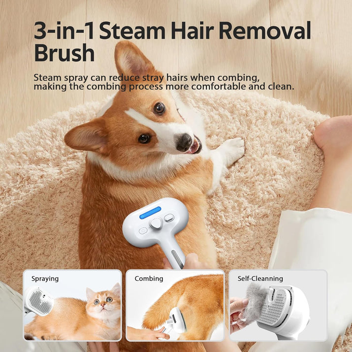 Pet Grooming Brush with Electronic Mist Spray - Gentle Deshedding Tool for Cats & Dogs, Pet Steam Brush，Reduces Shedding, Soft Bristles, Promotes Healthy Coat-Comes with a hair smoothing comb-White